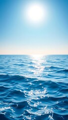Fototapeta premium Vast, calm blue ocean waves meet a clear horizon under a bright sun, horizon, endless
