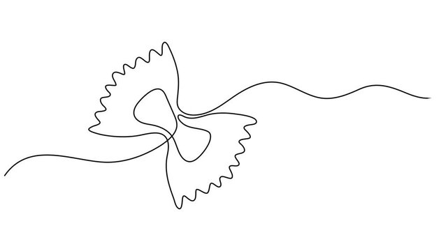 bow tie pasta animation continuous one line drawing, Vector isolated one farfalle macaroni colorless black and white contour line doodle drawing, bow tie farfalle pasta piece, Italian Farfalle pasta. 