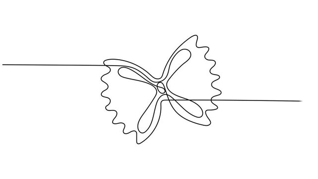 bow tie pasta animation continuous one line drawing, Vector isolated one farfalle macaroni colorless black and white contour line doodle drawing, bow tie farfalle pasta piece, Italian Farfalle pasta. 