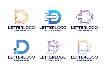 Set of letter D logo design with tech, circuit, connect logo concept