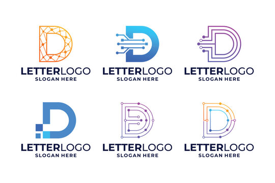 Set of letter D logo design with tech, circuit, connect logo concept