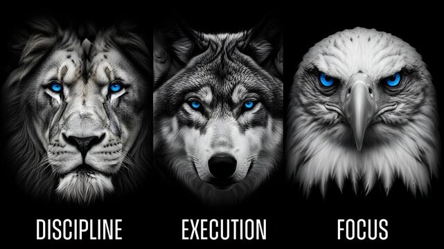 Black and white images of a lion, a wolf and an eagle with blue eyes representing respective qualities.