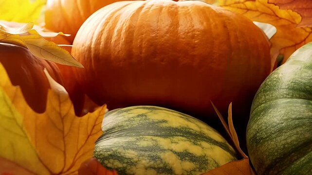 Seasonal fall harvest pumpkins and leaves close up autumn bounty organic produce