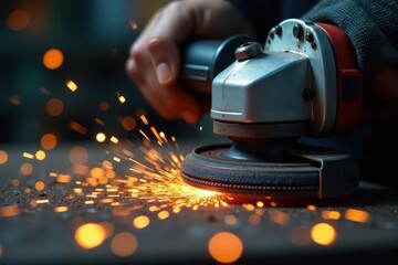 Closeup of angle grinder sparks during metal polishing, surface, heat