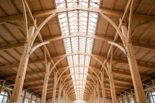 Stunning wooden structure creates an airy, light-filled space perfect for modern events and architectural designs, showcasing structural beauty and craftsmanship - Powered by Adobe