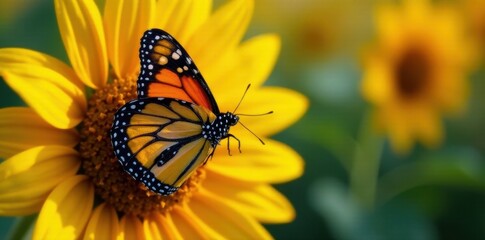 Closeup of monarch butterfly's wings on sunflower, macro, lepidoptera, wildlife photography
