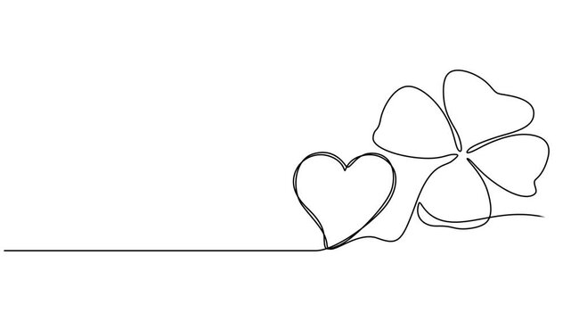 leaves clover with love shape animation continuous one line drawing, Motion design. Animated technology logo. Video 4K, one line art sketch heart. Symbol love. self drawing animation leaves clover.