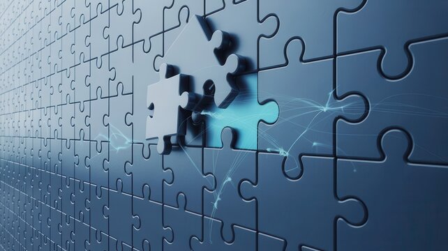 Metallic puzzle wall displays a single piece being inserted into an empty space with glowing energy connections