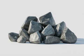 Naklejka premium Pile of smooth gray stones for landscaping design, construction materials, or zen garden inspiration against a clean white backdrop creating a peaceful scene