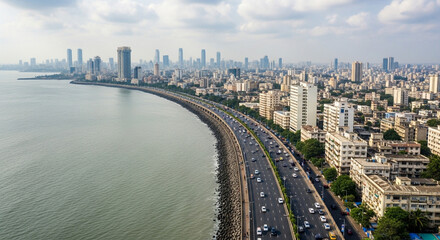 Aerial view of the iconic marine drive in mumbai, india, showcasing the vibrant cityscape and busy coastal road with the arabian sea