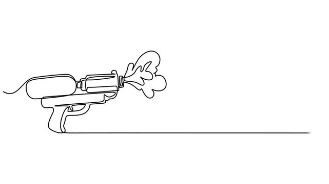 Self drawing animation of single Soaker Water Gun. Collection of diverse water gun with splashing water elements in a playful line art style on a white background. full length animation one line style