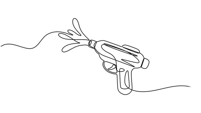 Self drawing animation of single Soaker Water Gun. Collection of diverse water gun with splashing water elements in a playful line art style on a white background. full length animation one line style