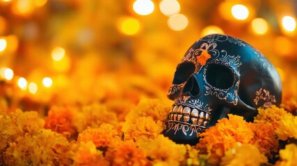 Painted skull among orange marigold flowers, festive lights
