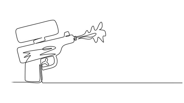 Self drawing animation of single Soaker Water Gun. Collection of diverse water gun with splashing water elements in a playful line art style on a white background. full length animation one line style