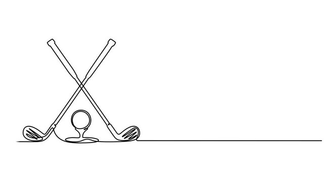 Self drawing animation of continuous line golf club and ball. Animated self animation Golf stick line continuous drawing, Full length animated,  minimalist and elegant icon representing popular sport.