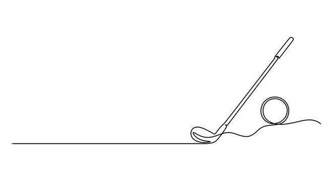 Self drawing animation of continuous line golf club and ball. Animated self animation Golf stick line continuous drawing, Full length animated,  minimalist and elegant icon representing popular sport.