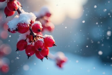 Cluster of glistening red berries against winter sky, texture, red berries