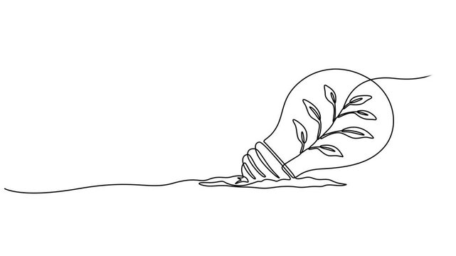 Animated illustration continuous line light bulb with tree sprout inside. Eco energy concept, Creative concept of Green energy and environmental friendly sources. Full length one line animation. 4K.