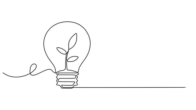 Animated illustration continuous line light bulb with tree sprout inside. Eco energy concept, Creative concept of Green energy and environmental friendly sources. Full length one line animation. 4K.