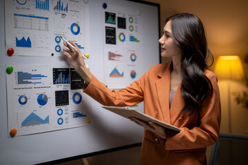 Businesswoman analyzing data on whiteboard chart presentation