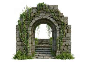 Stone arch with greenery isolated on transparent background