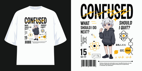 anime boy confused what to do next should i quit black and white graphic design streetwear apparel (t shirt design vector illustration artwork)
