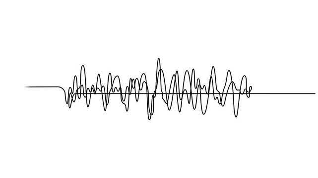 Continuous one line drawing of sound wave with different amplitude. Soundwave line self drawing animation, Music audio frequency, voice line waveform. radio signal. Full length single line animation.