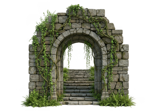 Stone arch with greenery isolated on transparent background
