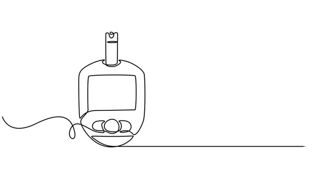 Sugar meter continuous one line drawing animation. Glucometer pharmacy equipment animation video, Animated self drawing of continuous line draw Blood sugar meter. One continuous line drawing of Blood.