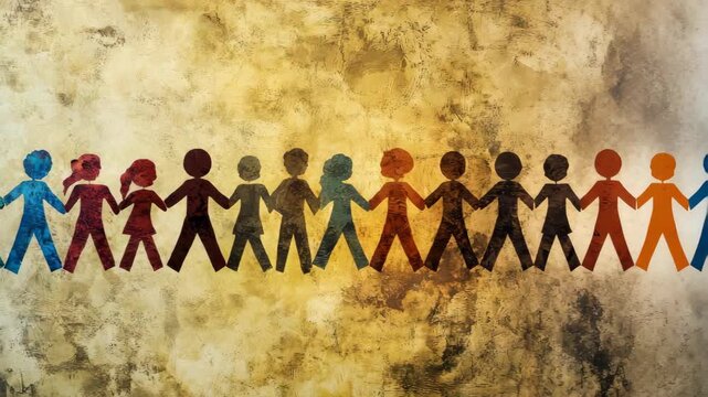 Diverse silhouettes holding hands against textured background showing unity