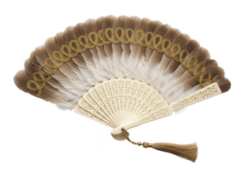Decorative feather fan with golden trim isolated on transparent background