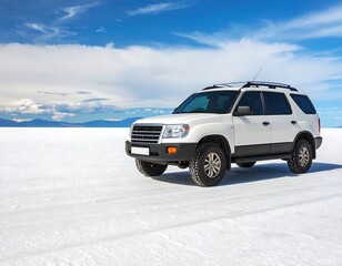 White SUV on a vast white landscape under a vibrant sky