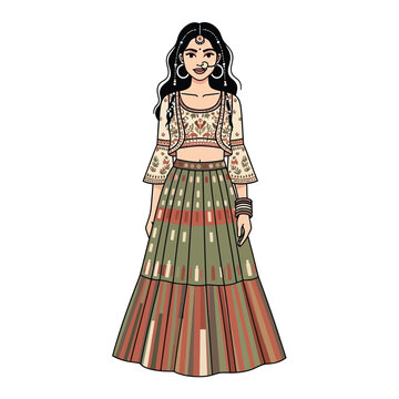 Woman in traditional Indian clothing, including a lehenga choli and nose ring, standing with a neutral expression.