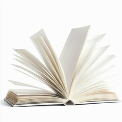 Fototapeta premium An open book with many pages fanned out and appearing to be blown by a gentle breeze against a clean white background. The lighting is bright and airy.
