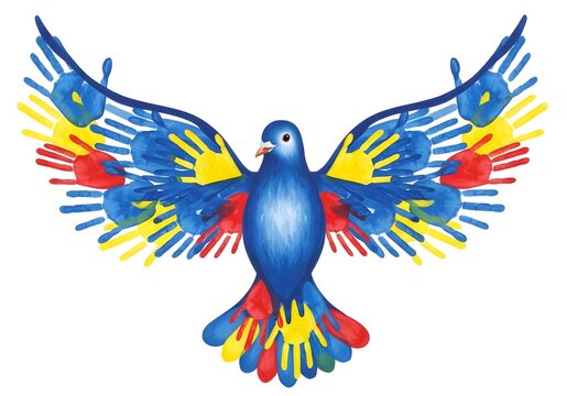 Symbolic dove with handprints soars representing unity, diversity, and hopefulness
