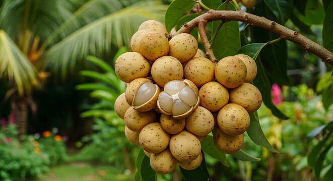 Bunch of ripe langsat fruits hanging from a tree branch.