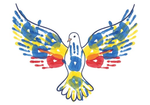Colorful peace dove with handprints expressing hope and solidarity against conflict