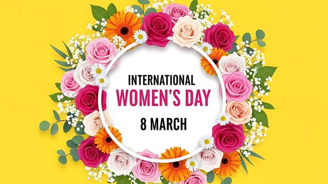 International womens day celebration with a vibrant floral wreath featuring roses, gerberas, and babys breath on a bright yellow background, symbolizing empowerment and spring festivities on march 8th