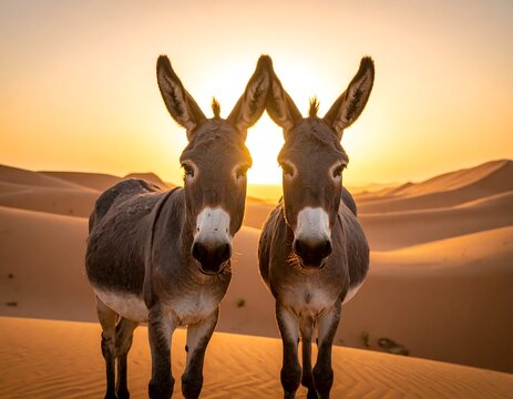 Two donkeys stand together, silhouetted against a golden desert sunset