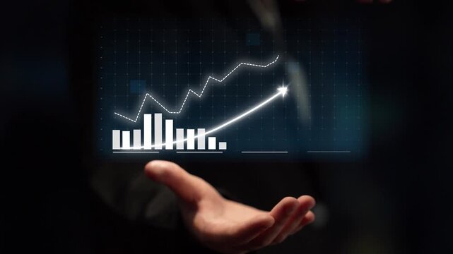 A businessman presents a rising trend graph, symbolizing financial growth and success in a modern office. This image captures the essence of data analysis and digital innovation. Copula - Powered by Adobe
