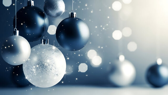 Christmas background featuring hanging ornaments in navy-blue, silver, and frosted white tones. Soft shallow depth of field with cool–warm blended blurred lights in the background.