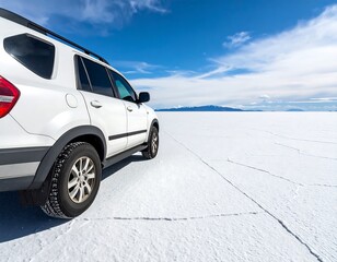 White SUV on a vast white salt flat
