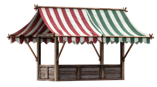 A traditional village market stall canopy with striped fabric, fluttering gently in the breeze, isolated on a Transparent background