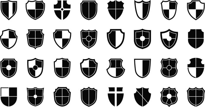Shield symbol set, black and white protection icons, security defense badges, privacy guard emblems, medieval crest vector illustration for safety and branding design