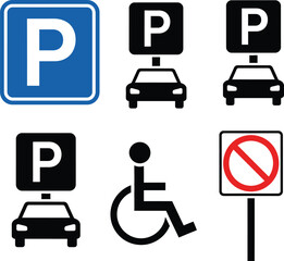 Set of blue parking sign icons showing car, bike, and disabled symbols with street direction arrows