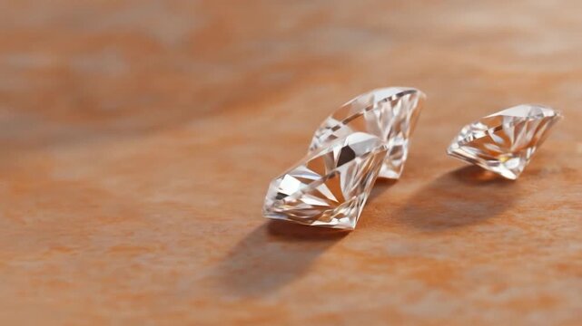 Sparkling clear cut faceted gemstones on rustic brown textured surface
