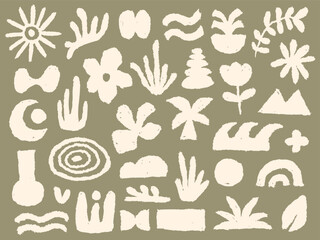 Large set of abstract organic boho shapes and botanical elements with linocut texture on sage green background for branding or pattern