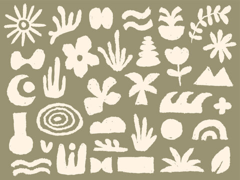 Large set of abstract organic boho shapes and botanical elements with linocut texture on sage green background for branding or pattern