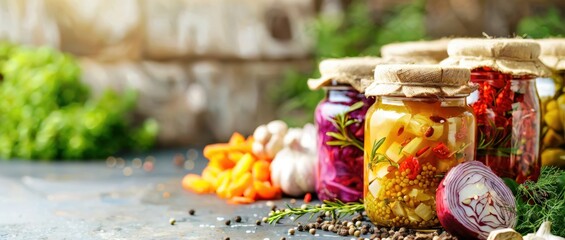Colorful Jarred Pickled Vegetables in Mason Jars with Fresh Herbs &ndash; Home Canning and Preserved Foods