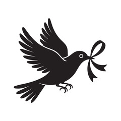 Fototapeta premium Black silhouette of a bird flying with a ribbon in its beak
